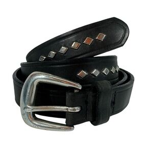 Genuine Leather Studded Belt Womens 36 Black Classic Casual Edgy Brass Buckle